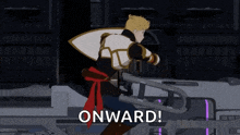 a cartoon character is holding a gun and the word onward is above him