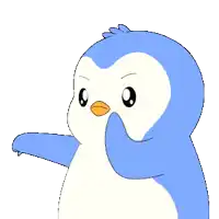 a blue and white penguin with a yellow beak is pointing at something