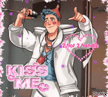 a picture of a man holding a camera with the words " kiss me " on it