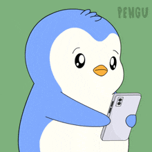 a blue and white penguin is holding a cell phone with the word pengu on the bottom right