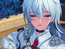 a close up of a girl with blue hair