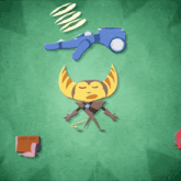 a cartoon character with a yellow face is surrounded by other cartoon characters