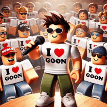 a man in a i love goon shirt is singing into a microphone in front of a crowd