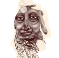 a drawing of a man 's face with a hand on his head