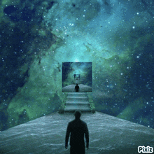 a picture of a man standing on a staircase with pixiz written on it