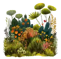 a painting of a bunch of plants and flowers on a white background