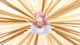 a girl with pink hair is flying through a burst of light
