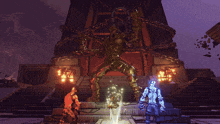 a statue of a man with chains around his arms is standing in front of a building