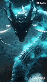 a dragon is glowing in the dark and looking at the camera with a blue background .