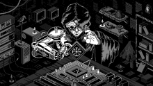 a pixel art illustration of a man working on a computer .