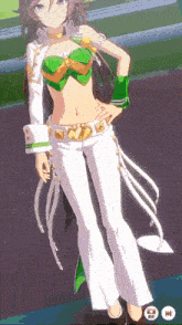 a girl in a green top and white pants is standing in a video game .