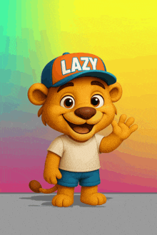 a cartoon lion wearing a blue hat that says lazy