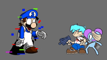 a cartoon of a man holding a gun standing next to a girl holding a gun .