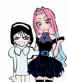a drawing of a girl with pink hair standing next to a girl with black hair