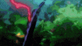 a painting of a purple and red swirl in a green background
