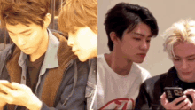 two young men are looking at their phones and one of them is wearing a white shirt with the letter r on it