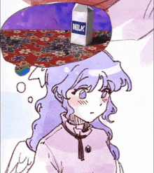 a girl with a box of milk on her head