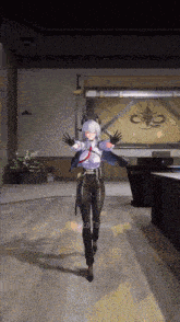 a girl with horns is dancing in a room with a sign on the wall that says ' samurai '