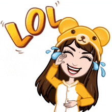 a cartoon girl wearing a teddy bear hat is laughing with tears running down her face