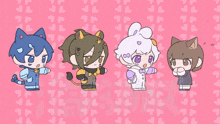 a group of anime characters are standing next to each other on a pink background with hearts and the word " n " in red