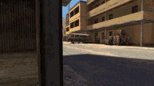 a van is parked in front of a building with boxes on the ground