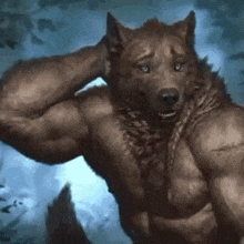 a muscular werewolf with a braid is standing in the dark .