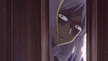 a woman with purple hair is peeking out of a door