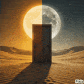 a door in a desert with a full moon behind it
