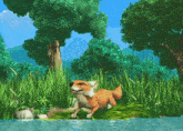 a cartoon of a fox running in the grass near a body of water