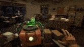 a video game is being played in an office with a clock on the wall