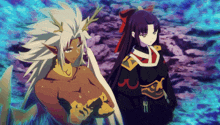 a couple of anime characters standing next to each other with one of them wearing a black kimono