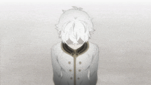 a cartoon character with white hair and a white jacket
