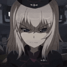 a close up of a anime girl with a hat on her head making an angry face .