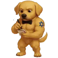 a cartoon dog with a bow tie and a blue star on his arm is writing on a notepad