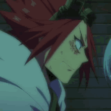 a close up of a cartoon character with red hair and a tattoo on his face
