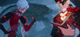 two anime characters are standing next to each other and one has a mask on his face