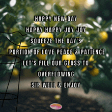 happy new day happy happy joy joy squeeze the day 's portion of love peace & patience let 's fill our glass