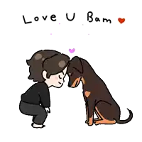 a cartoon drawing of a man kissing a dog with the words love u bam above them