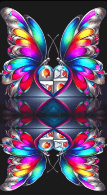a colorful butterfly with a heart in the middle of its wings