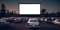 a row of old cars are parked in front of a screen that says ' hollywood ' on it