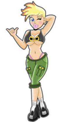 a cartoon girl with a pacifier in her mouth is wearing a black bikini top and green shorts .