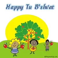 a happy tu b'shvat greeting card with three children holding apples in front of a tree