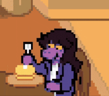 a pixel art drawing of a girl holding a spoon