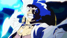 a cartoon of a man with blue hair and a white jacket