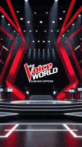 a stage with the words the voice world written in red