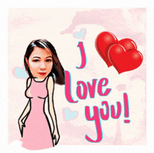 a woman in a pink dress stands next to the words i love you