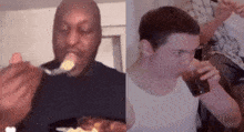 a man is eating a spoonful of food and a man is drinking a drink .