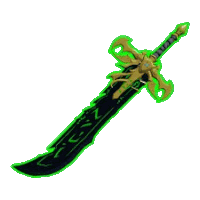 a green and gold sword with a long blade and a gold handle on a white background .