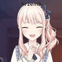 a girl with pink hair and a blue bow on her head is smiling and says hi zemb .