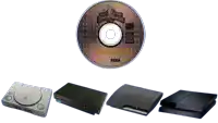 a power rangers sega cd sits on top of a row of playstations